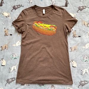 Hot Dog T-Shirt Women's L Brown Pixelated Fully Loaded Weiner Summer Fun Top EUC